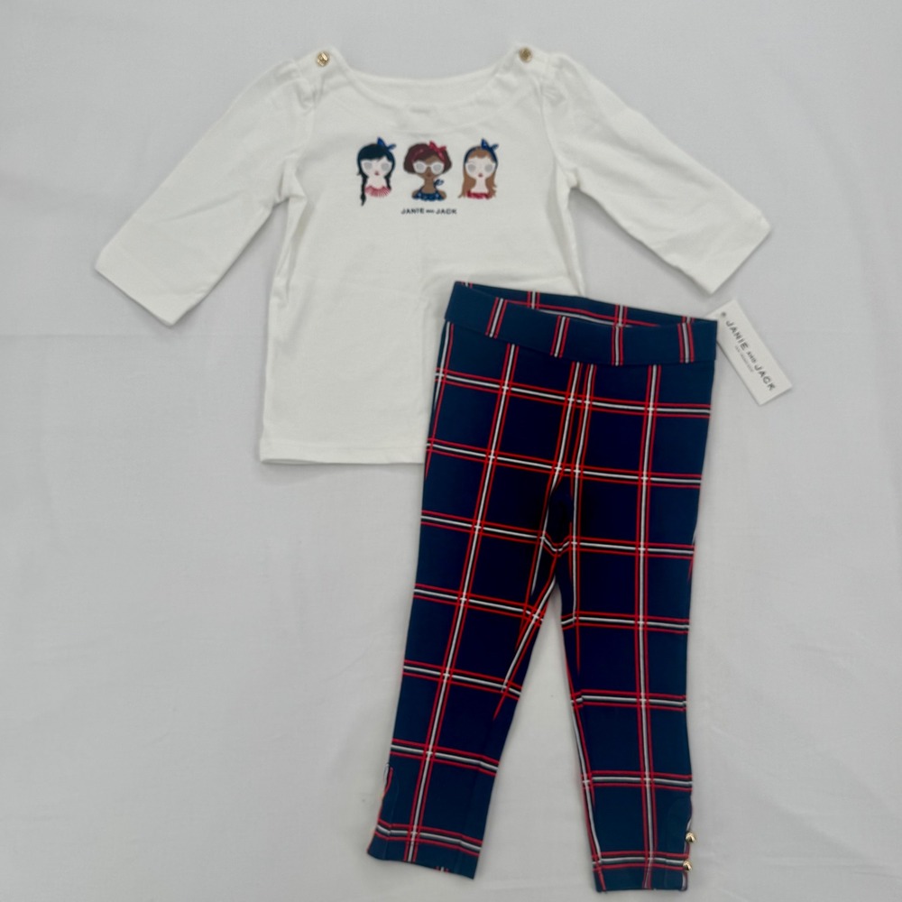 Janie and Jack Girls 2T Plaid Pants & Graphic Top New 2pc Preppy Chic Outfit Set
